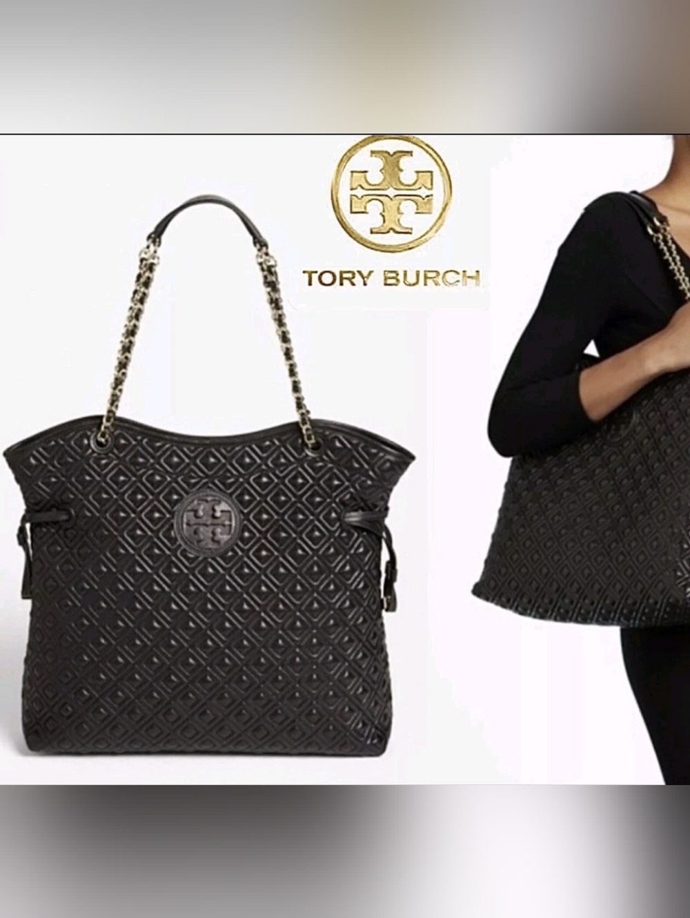 $635 Tory Burch Marion Quilted Leather Slouchy Tote/Shoulder Bag in Black